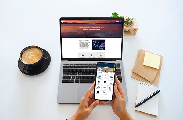 Woman using BaZing benefits on mobile and desktop
